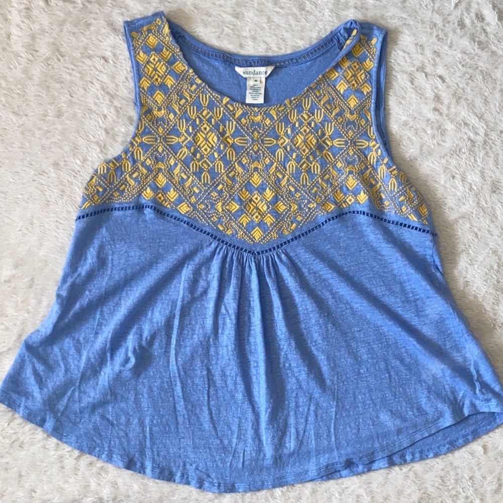 Sundance Blue Tank with Yellow Geometric Embroidery (NWOT)